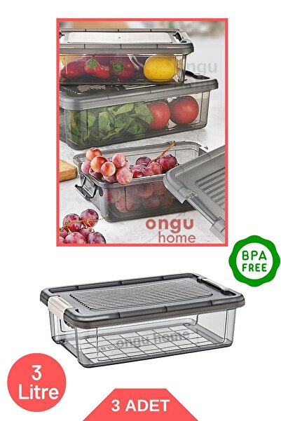 ongu home 3'lü Kilitli Erzak Saklama Kabı Seti Antrasit Renk Saklama Kabı Buz...