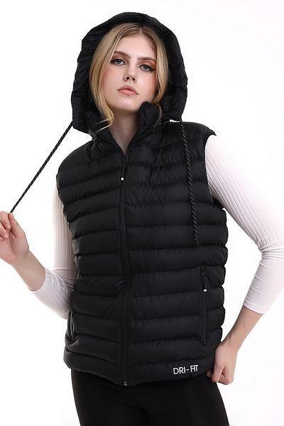 Ayşo Black Waterproof Puffer Vest - Zippered Hood with Inner Pocket