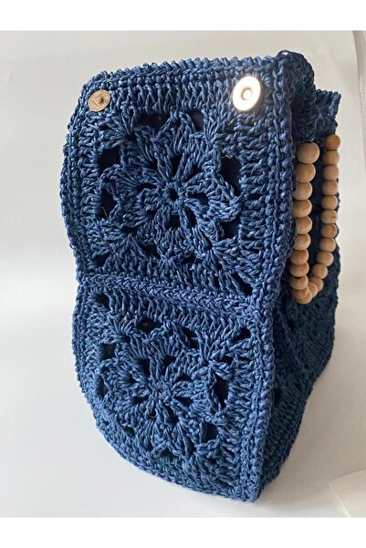 crafttatelier LACİVERT RENK ETNİK DESENLİ AHŞAP BONCUK ASKILI EL ÖRGÜSÜ KAĞIT İP ÇANTA
