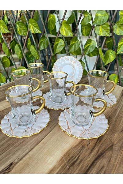 GÜRCÜGLASS Marble Pattern White Handle Frilly Tea Set.
