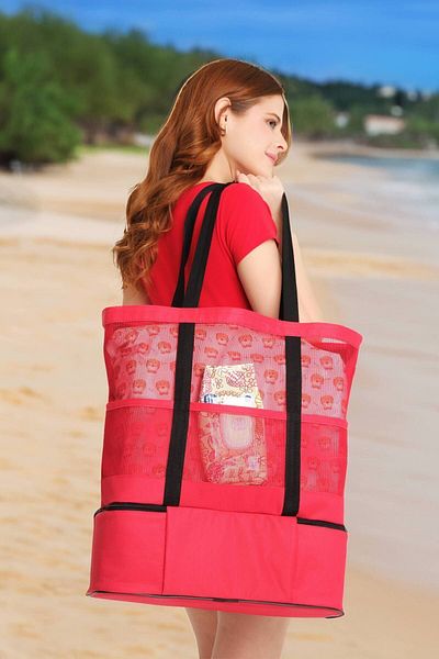 ELEPHANT ÇANTA Red Thermos Beach Bag - Water Resistant, Multi-Pocket Mesh Model