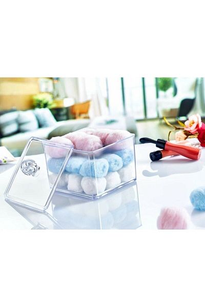 Onay Store Transparent Square Cotton Cover and Cotton Swab Box