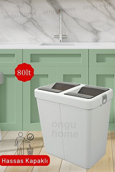 ongu home İkili Çöp Kutusu Kovası Hassas Kapaklı Çift Kapaklı Gri 80 Lt