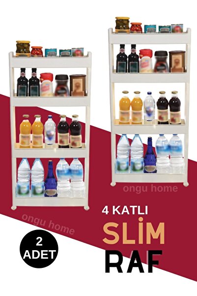 ongu home Çok Amaçlı Tekerlekli Slim Raf 4 Katlı Beyaz (2 ADET)