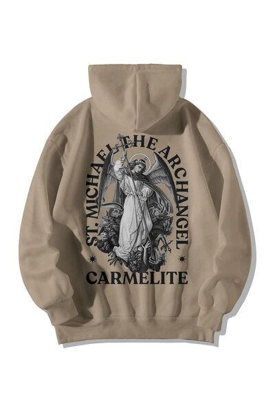 Stadium Κρεμ Unisex Oversize Hooded Kangaroo Pocket St. Michael Φούτερ με στάμπα με κουκούλα