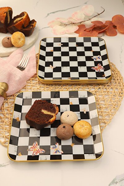 GÜRCÜGLASS Damalı Desen Kare Servis Tabağı 23 Cm 6 Adet.