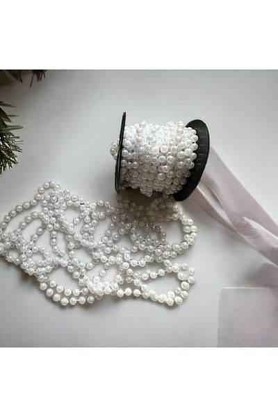 BukiroAtelier Κορδέλα Full Pearl White Beads Stringed Pearl Beads 2 Yards Διακοσμητική κορδέλα με πέρλες