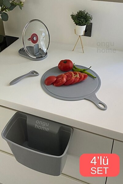 ongu home 4 Parça Mutfak Seti (Askılı Çöp Kovası,Kesim Matı,Kapak ve Kaşık Tu...