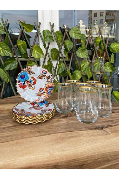 GÜRCÜGLASS Beyaz Çiçek Model Altın 12 Parça Çay Seti.