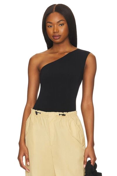 PERLAVİSTA Black Asymmetrical Cut Single Shoulder Double Layer Silk Jersey Women's Bodysuit