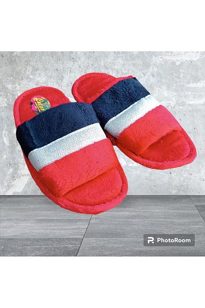 İpek women's red plush fluffy open front home slippers