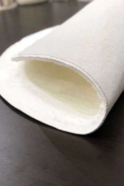 Sarar Yuvarlak Düz Renk Peluş Pofuduk Kaydırmaz Jel Taban Beyaz Renk Halı