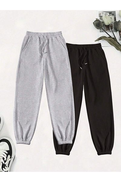 EYAX MODA Γκρι και μαύρο σετ 2 τεμαχίων Advantageous Rubber Leg Sweatpants