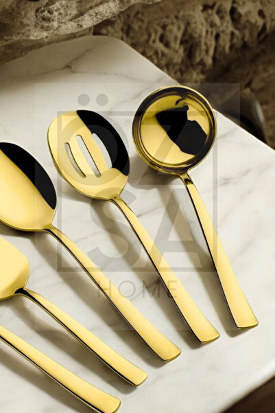 ÖzSa Home 5-Piece Stainless Steel Serving Set - Gold Sauce Presentation Set, Ladle, Colander, Spoon and Spatula