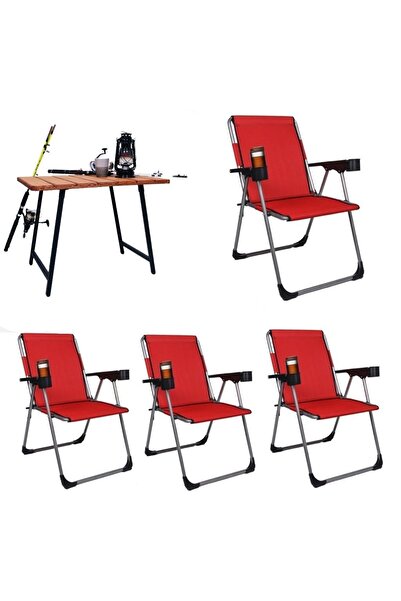 ALİN METAL Kamp Sandalyesi 4''lü Lüks Bardaklı Kamp Sandalyesi Ve Masa Set Fgt-03