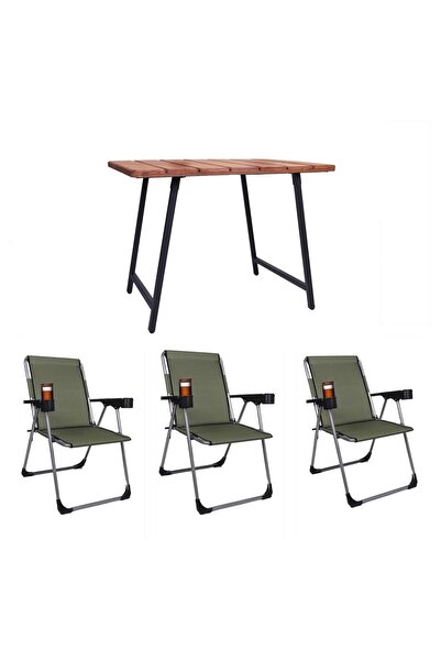ALİN METAL Kamp Sandalyesi 3''lü Lüks Bardaklı Kamp Sandalyesi Ve Masa Set Fgt-01