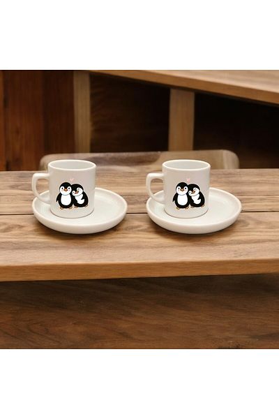 D&Y GAUDERY Penguin Patterned Sweet Turkish Coffee Cup Set - 2-Piece Quality Cup Total 4 Pieces