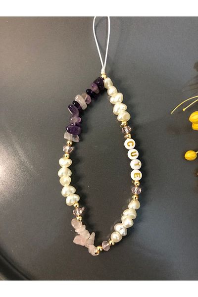 Stoneday Amethyst Quartz Natural Stoned Pink Crystal Gold Detailed Letter Bead Pearl Phone Strap Charm Rope