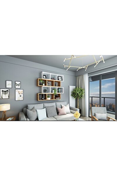 Dekormer Design Kitaplık Lux Yatay Duvar Rafı Kahve Beyaz 4 Lü Takım