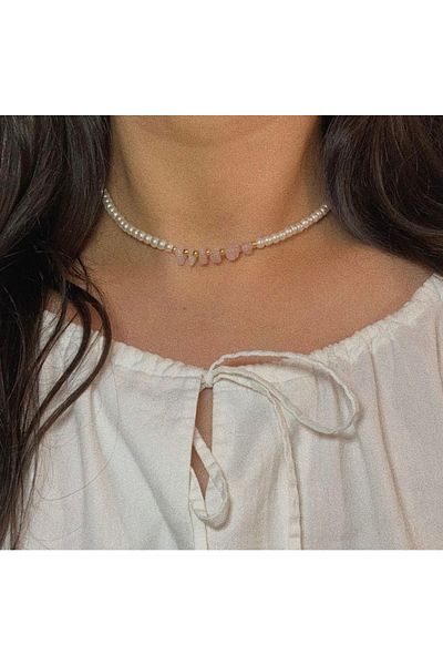 Stoneday Quartz Natural Stone Gold Detailed Pearl Design Necklace
