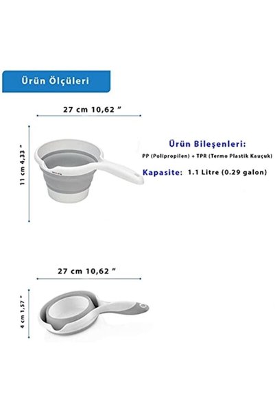 AsyaDesing 1.1 Lt Katlanabilir Bebek Yıkama Kovası Katlanır Maşrapa Koçero Gri 27x17x4 Cm