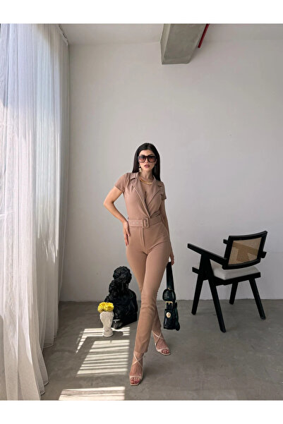 Fav Style Γυναικεία φόρμα Camel με διπλό λαιμό και ζώνη