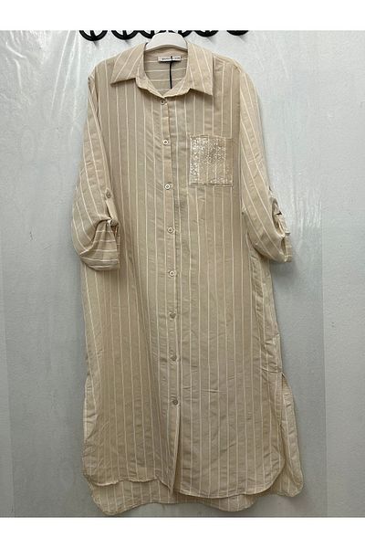 Puane Shiny Sequin Pocket Detailed Striped Large Size Shirt / Tunic - 10521