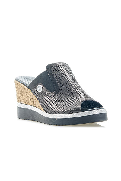 Mammamia MAMMAMIA Women's - Genuine Leather Wedge Heeled Daily Slippers (36-40) 24Y D24YT-2035 Z Steel Glitter