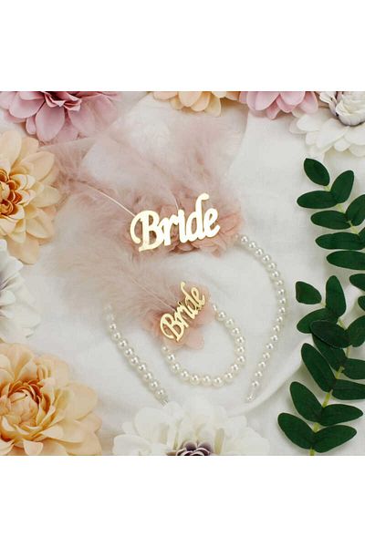 parti hediye sepeti Gold Written - Pink Feather Pearl Crown and Bracelet Set