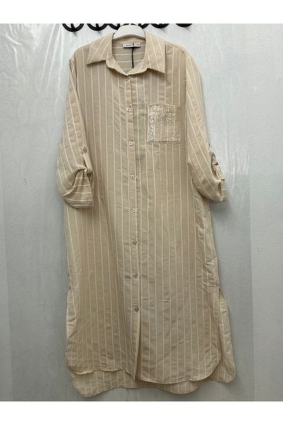 Puane Shiny Sequin Pocket Detailed Striped Large Size Shirt / Tunic - 10521