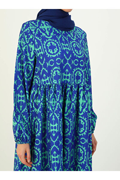 Benin Ethnic Patterned Natural Fabric Hijab Dress - Saxe Green Patterned - Benin