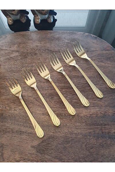 LOVYCO Lüks 6 Adet Parlak Gold Tatlı Çatal Seti