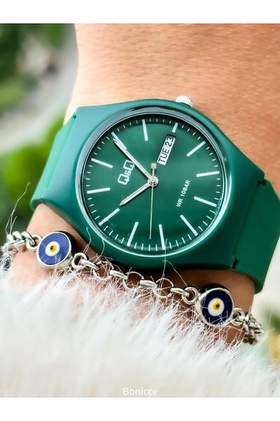 Q&Q Women's Wristwatch and Bracelet with Green Silicone Cord - Calendar and Evil Eye Beads