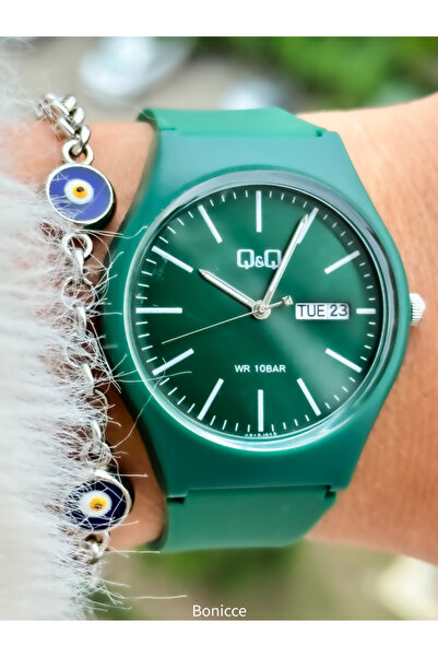 Q&Q Women's Wristwatch and Bracelet with Green Silicone Cord - Calendar and Evil Eye Beads