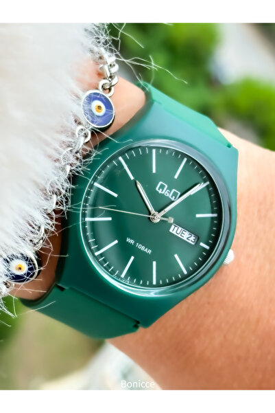 Q&Q Women's Wristwatch and Bracelet with Green Silicone Cord - Calendar and Evil Eye Beads