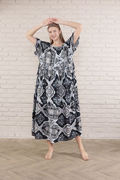 mervemoda Women's large size short-sleeved summer woven viscose print dress