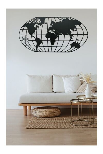 risingmaber Dekoratif Metal Siyah Elips Dünya Haritası Duvar Tablosu