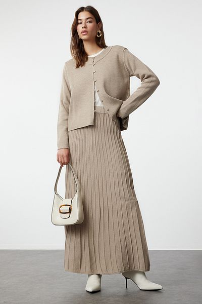Trendyol Modest Mink gombos kardigán-szoknya kötöttáru felső és alsó készlet TCTAW24US00043