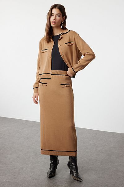 Trendyol Modest Camel Knitwear Cardigan and Skirt Set - Piping TCTAW25US00026
