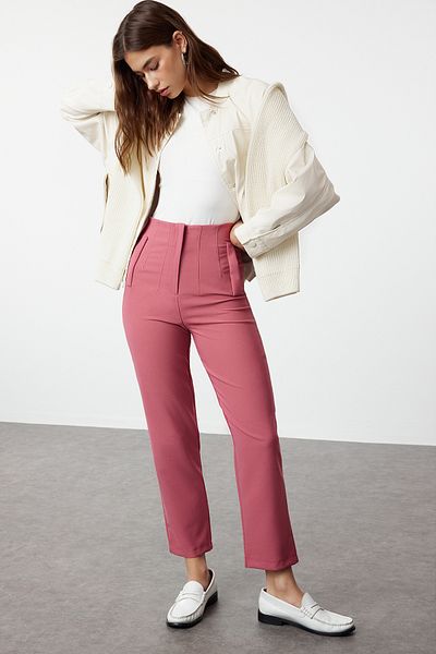 Trendyol Collection Ψηλόμεσο παντελόνι Dusty Rose Cigarette - Collet και μήκος στον αστράγαλο, υφαντό ύφασμα TWOSS20PL0515