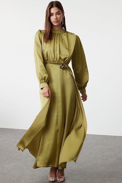 Trendyol Modest Ölgrünes, rosafarbenes, gewebtes Abendkleid-Abendkleid aus Satin TCTSS24DB00070