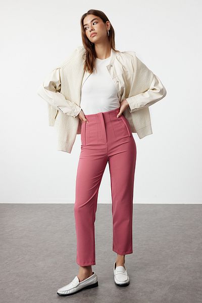 Trendyol Collection Ψηλόμεσο παντελόνι Dusty Rose Cigarette - Collet και μήκος στον αστράγαλο, υφαντό ύφασμα TWOSS20PL0515