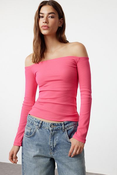 Trendyol Collection Εύκαμπτη Πλεκτή Πλεκτή Μπλούζα με Κορδόνι - Κάρμεν Γιακά, Κανονικό Μέγεθος TWOAW25BZ00034