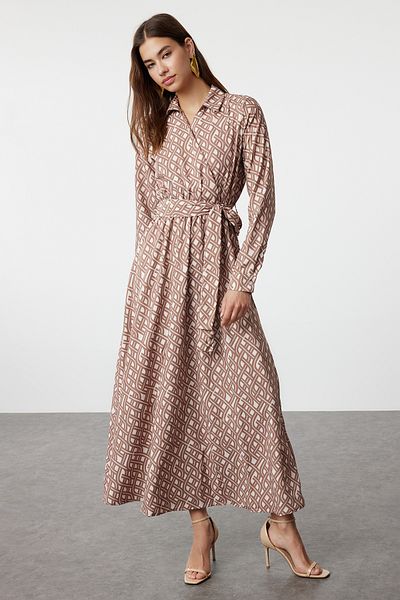 Trendyol Modest Satin Woven - Mono Patterned and Belted Ecru Dress TCTSS24EB00273