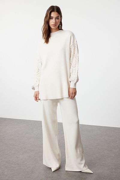 Trendyol Modest Openwork Knitted Stone Sleeve Knitwear Sweater and Trousers Set - TCTAW23US00087