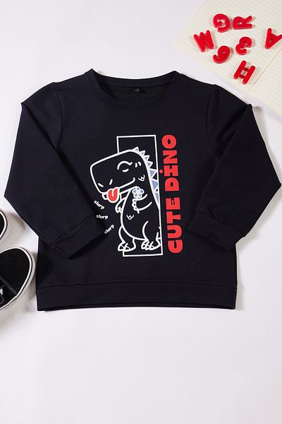 TRENDYOLKIDS Boy's Navy Blue Seasonal Sweatshirt - Thin Dinosaur Pattern, Crew Neck Tkdaw25sw00005
