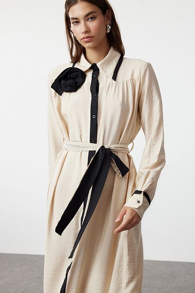 Trendyol Modest Ecru Black Rose Detailed Belted Woven Shirt Dress - TCTSS24EB00266