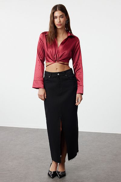 Trendyol Collection Bluză crop țesută din satin Bordeaux - Cu detaliu cravată, TWOAW23BZ00466