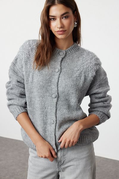 Trendyol Collection Glossy Glitter Embroidered Gray Knitwear Cardigan - Soft Texture TWOAW25HI00005