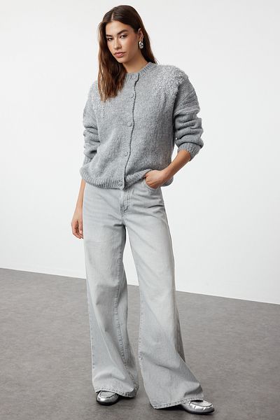 Trendyol Collection Glossy Glitter Embroidered Gray Knitwear Cardigan - Soft Texture TWOAW25HI00005